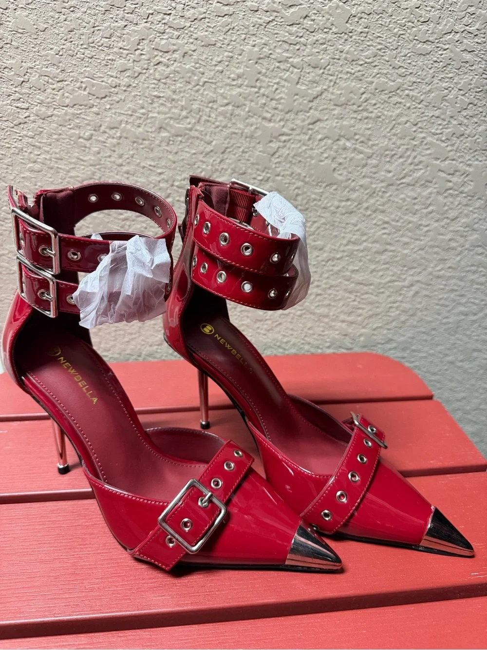 Red Pointed Toe Ankle Strap Stiletto Heels with Buckle Detail NEW